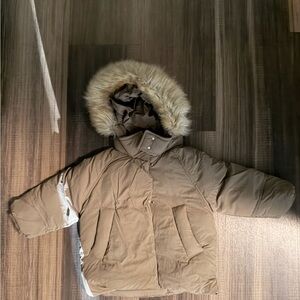 Zara Brown  Puffer Jacket with Faux Fur Hood